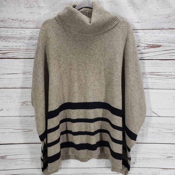 Tahari Women's Brown Wool Yak Hair Striped Poncho Sweater Size Small - Picture 1 of 12